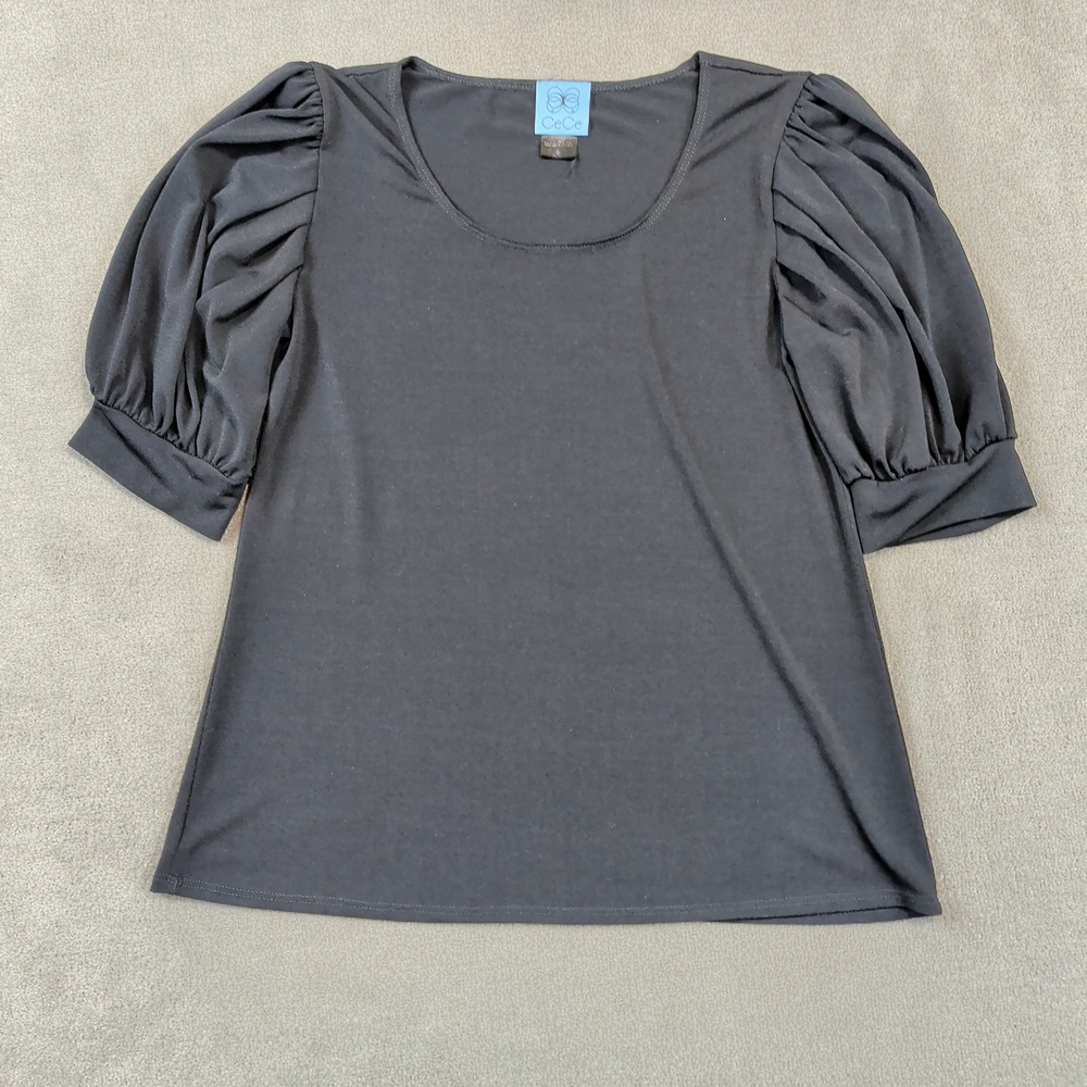 CeCe Top Size S Womens Black Puff Sleeve Scoop Neck Stretch Blouse J4-7